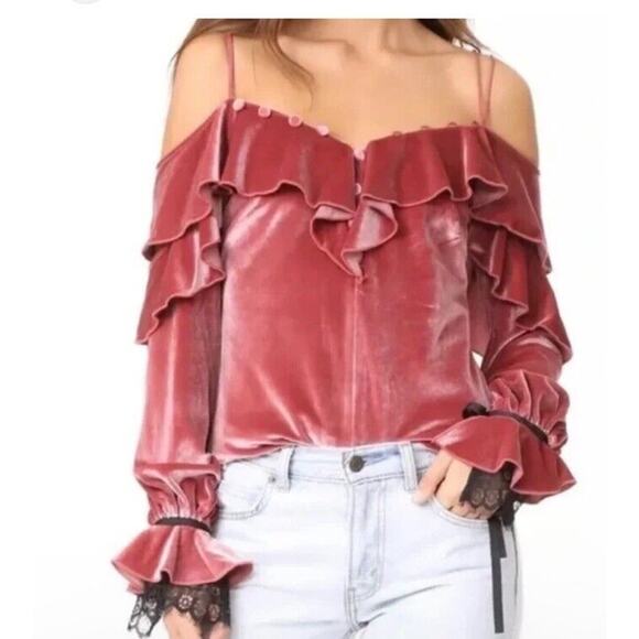 Self-Portrait Pink Velvet Blouse with black lace and bows around cuffs. - Picture 2 of 13